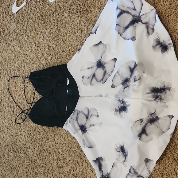 Black and white floral spaghetti trap formal dress by L'ATISTE - Picture 8 of 11